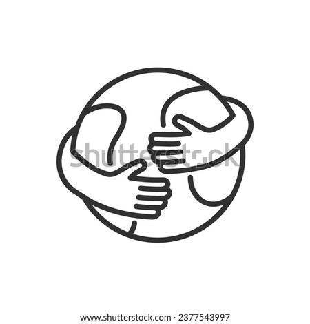 Caring for the planet, linear icon, preserving nature. Hands hugging the planet. Line with editable stroke