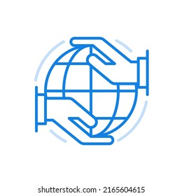 Caring for planet vector line icon. Global concern protection of ecology and environment. Two hands holding sphere with meredians. Resource conservation and waste processing technologies.