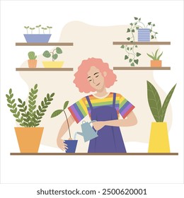 Cuidado de las plántulas de plantas. Chica de la comunidad LGBT cuidando de las plantas en la tienda. Carácter respetuoso del medio ambiente en un fondo aislado