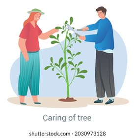 Caring for plants concept. Gardeners with scissors in their hands cut tree and give it beautiful shape. Couple grows shrub. Cartoon contemporary flat vector illustration isolated on white background