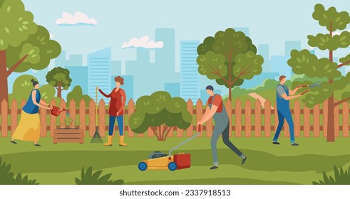 Caring for plants in greenhouse. Gardener characters growing plants. Women watering plants, men cutting leaves on trees and grass with lawnmower. Seasonal activity in backyard vector