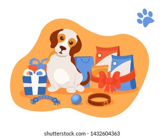 Caring for puppy, dog pet. Little beautiful puppy, among the mountains of various gifts for birthday and personal familiar holidays. Puppy care and gift in your home. Animals cartoon vector illustrati