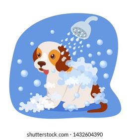 Caring for puppy, pet. Bathing a puppy in the shower, with soapy water, health care, appearance, pet. Caring for four-footed friend puppy. Cartoon vector illustration.