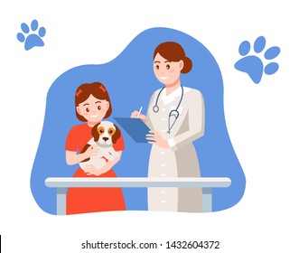 Caring for puppy, pet. Young happy girl hugs pet, on reception at vet doctor. Set of children with dog. Caring for four-footed friend puppy, care for the health. Animals cartoon vector