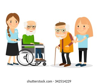 Caring for seniors, helping moving around and spending time together. Vector illustration.