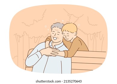 Caring small boy child hug smiling old grandfather sitting on bench feel grateful and thankful. Cute little grandchild embrace happy mature granddad relax together in park. Vector illustration. 