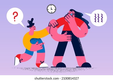 Caring small kid support comfort unhappy sad crying mother suffering from depression or anxiety. Loving little son caress hug upset anxious mom having mental disorder. Vector illustration. 