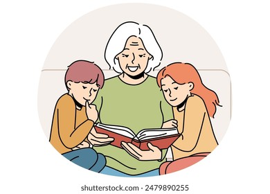 Caring smiling grandmother reading book to little grandchildren. Happy granny enjoy time with literature with small grandkids. Vector illustration.