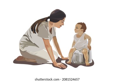 Caring Smiling Mom Teaches Her Cute Baby To Potty. Vector Illustration.