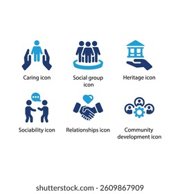 Caring, Social group, Heritage, Sociability, Relationships, Community development, Blue Icon Set