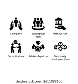 Caring, Social group, Heritage, Sociability, Relationships, Community development, Black Icon Set