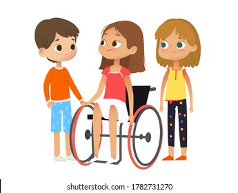 Caring and Support for the disabled child. Disabled girl sitting in a wheelchair. Disabled girl and her friends. vector illustration.