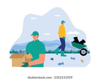 Caring for the surrounding environment, mutual cooperation cleaning up trash scattered on the ground, social activity vector illustration.