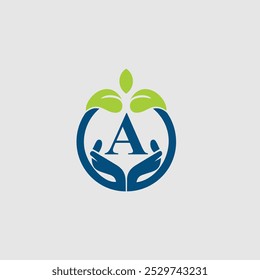 Symbole bienveillant mains saines et feuille de Nature avec lettre A logo