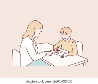 Caring Teacher Teaching a Child. Hand drawn style vector design illustrations.