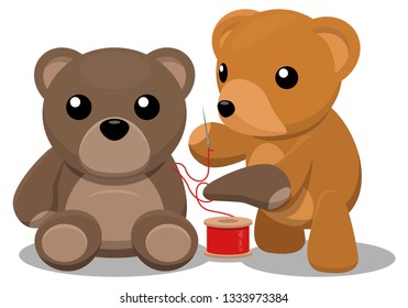 A caring teddy bear is sewing his best friend's arm back on with red thread