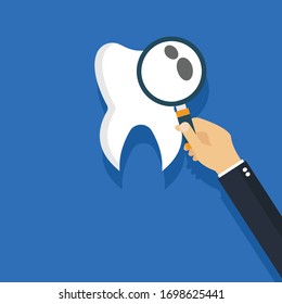 Caring for teeth concept - business man hand holding magnifying glass and diagnoses tooth.Conceptual vector illustration in flat style design.Isolated on background.