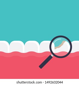 Caring for teeth, diagnosis of tooth decay, cavities, magnifying glass with turquoise color background flat design vector illustration