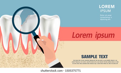 Caring for teeth, diagnosis of tooth decay, cavities, magnifying glass with turquoise color background flat design vector illustration
