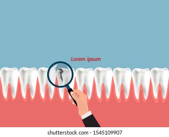 Caring for teeth, diagnosis of tooth decay, cavities, magnifying glass with turquoise color background flat design vector illustration
