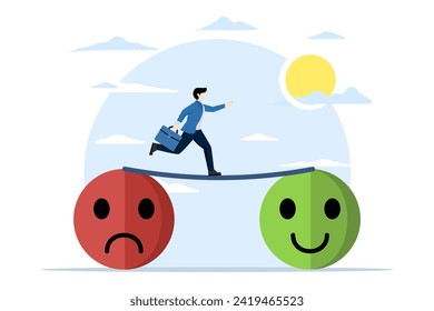 caring thinking concept, Relaxation makes anxiety or stress happy, bipolar disorder, businessman walking from sad face to happy face, optimistic relief or mental illness therapy. vector illustration.