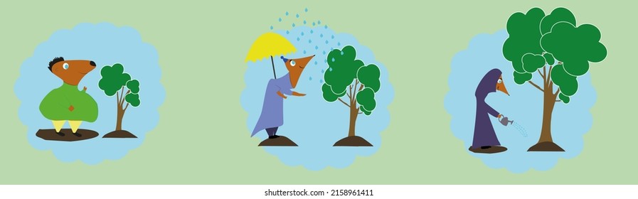 caring for a tree since childhood, vector drawing about caring for the environment