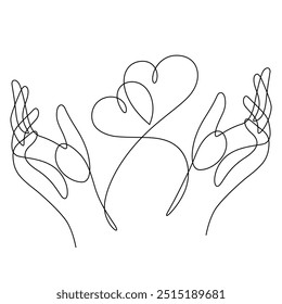 caring two hands and two heart shape continuous line drawing love concept vector illustration	