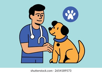 Veterinário atencioso fornecendo check-up profissional para um cão feliz, simbolizando excelentes cuidados com animais de estimação e serviços de saúde animal.
