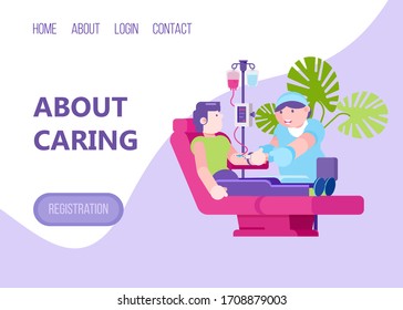 Caring Web-Landing-Banner, Charakter Krankenschwester nehmen männlichen Blutpatienten, flache Vektorillustration Illustration. Klicken Sie nach Hause über Login und Kontakt. Internet-Seite für medizinische Seite, therapeutische Abteilung Test.