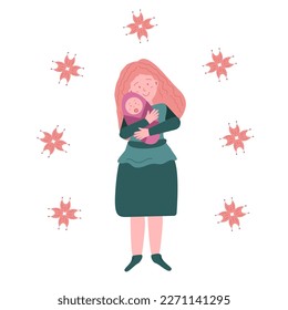 Caring woman with a baby in her arms. Mom with a baby with a floral design. The concept of motherhood, breastfeeding, child care
