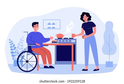 Caring woman preparing cake for disabled man. Wheelchair, health, kitchen flat vector illustration. Disability and support concept for banner, website design or landing web page