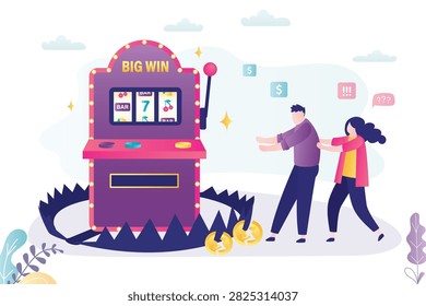 Caring woman pulls man away from slot machine set in sharp trap. Struggle to save partner from gambling addiction and financial danger. Bad habits, dependencies. flat vector illustration