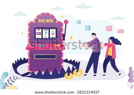 Caring woman pulls man away from slot machine set in sharp trap. Struggle to save partner from gambling addiction and financial danger. Bad habits, dependencies. flat vector illustration