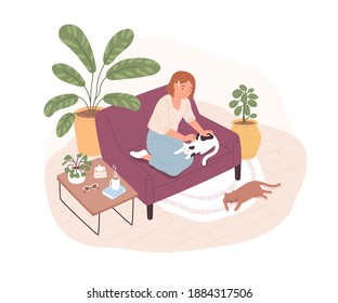 Caring woman stroking cute cat sitting on couch together vector flat illustration. Happy female owner of two pets spending time at home isolated on white. Smiling person with her domestic animals