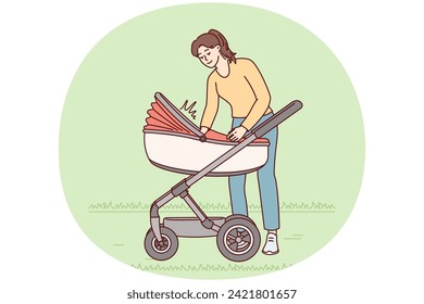 Caring woman walks with kid in stroller soothing crying toddler and adjusting blanket or checking diaper. Loving mother courting son or daughter walking outdoors. Flat vector illustration