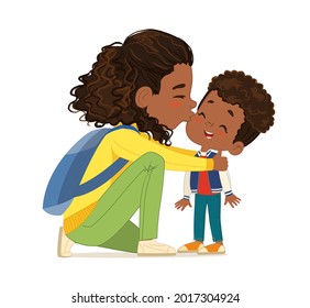 Caring young African American mother embracing kissing cute little son feeling love and tenderness vector flat