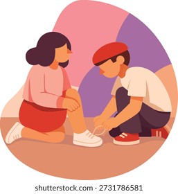 Garoto carinhoso ajudando sua amiga a amarrar seu tênis branco em uma cena emocionante de carinho e bondade. ilustração vetorial plana isométrica.