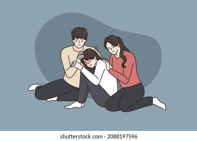 Caring Young Family Hug Support Upset Small Teen Daughter Feeling Upset Depressed Of School Bullying. Supportive Loving Parents Cuddle Comfort Unhappy Stressed Teenager Child. Vector Illustration. 