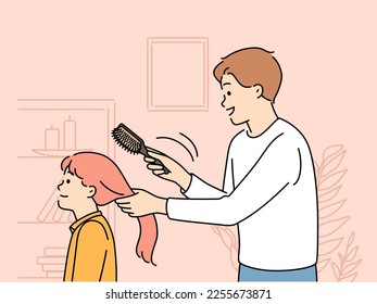 Un padre joven que se preocupa de cepillarse el pelo de una hija pequeña en casa. Papá soltero se prepara niña pequeña para hacer el peinado. La paternidad y la paternidad. Ilustración vectorial. 