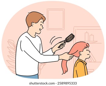 Caring young father brushing small daughter hair at home. Single dad get ready little girl child make hairstyle. Fatherhood and parenthood. Vector illustration.