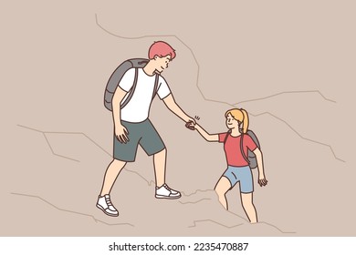 Caring young man climbing on mountain give hand help woman friend. Smiling male assist female hiking together. Friendship and mountaineering. Vector illustration. 
