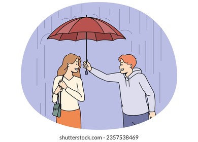 Caring young man sharing umbrella with pretty woman outdoors. Smiling male gentlemen protect female from rain outside. Vector illustration.