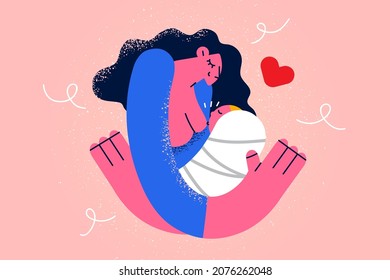 Caring young mother breastfeed newborn baby hug close to body sitting in natural position. Loving mom feed little infant child kid with breast milk. Childcare concept. Vector illustration. 