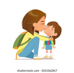 Caring young mother embracing kissing cute little daughter feeling love and tenderness vector flat