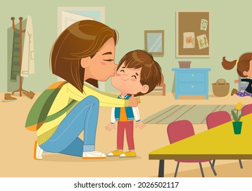 Caring young mother giving goodbye kiss to cute little son at kindergarten vector flat illustration