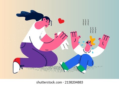 Caring Young Mother Help Caress Unhappy Hurt Little Son Falling. Loving Mom Comfort Upset Crying Small Boy Child Stressed With Trauma Or Offence. Parenting And Motherhood. Vector Illustration. 