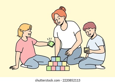 Caring young mother play with children at home. Loving mom engaged in game with colorful blocks with kids on leisure weekend. Vector illustration. 