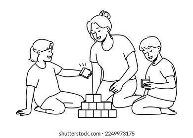 Caring young mother play with children at home. Loving mom engaged in game with colorful blocks with kids on leisure weekend. Vector illustration. 