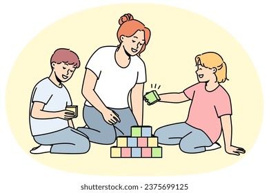 Caring young mother play with children at home. Loving mom engaged in game with colorful blocks with kids on leisure weekend. Vector illustration.