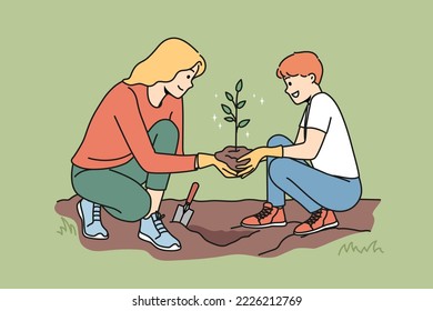 Caring young mother and son planting tree together. Smiling mom and child put seedling in ground care about nature and environment. Vector illustration. 